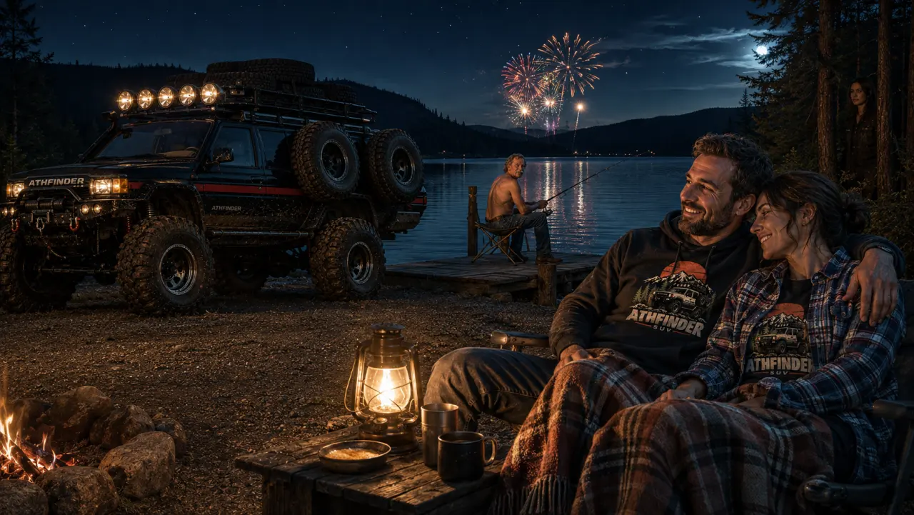 ATHFINDER lakeside campsite at night with an adult couple, fireworks and Doc fishing