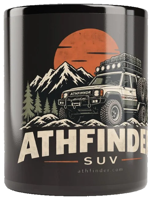 ATHFINDER black glossy mug with the truck-and-mountain wraparound graphic