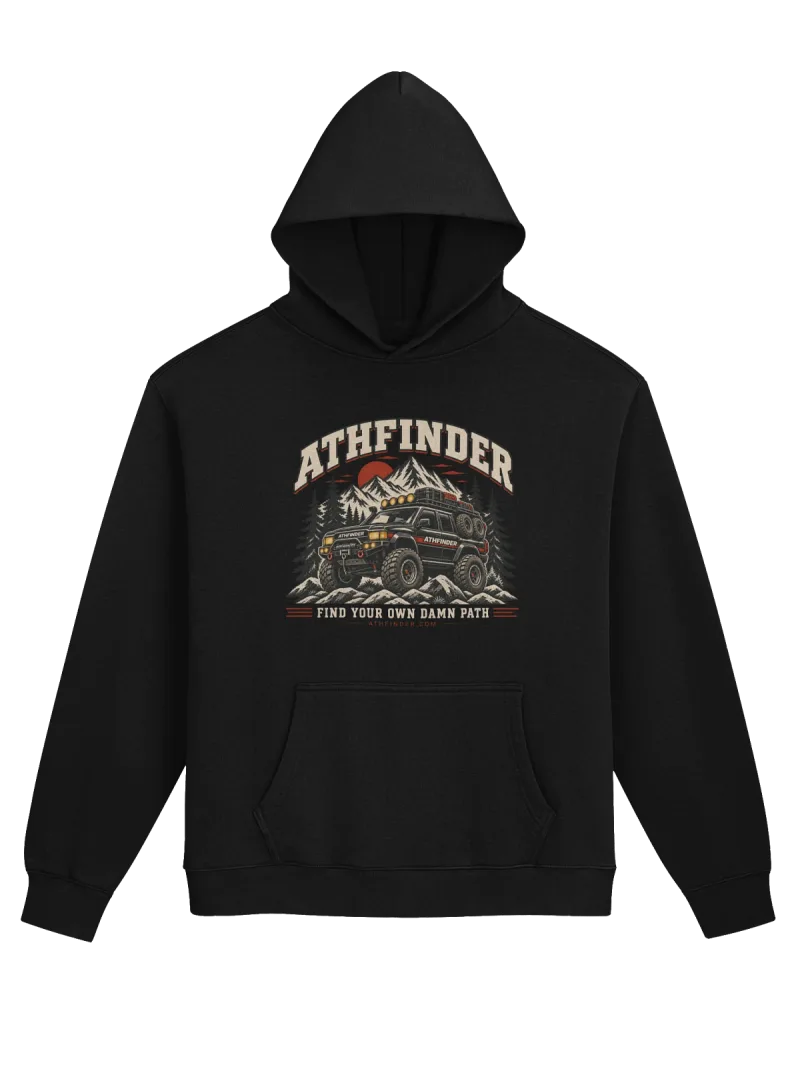 ATHFINDER Relaxed Hoodie in black with the vintage crest on the chest
