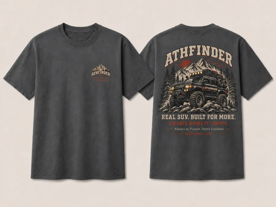 ATHFINDER Always In Pursuit tee, front and back — chest crest with the new tagline, full back print reading Real SUV. Built for More. Capable Where It Counts.