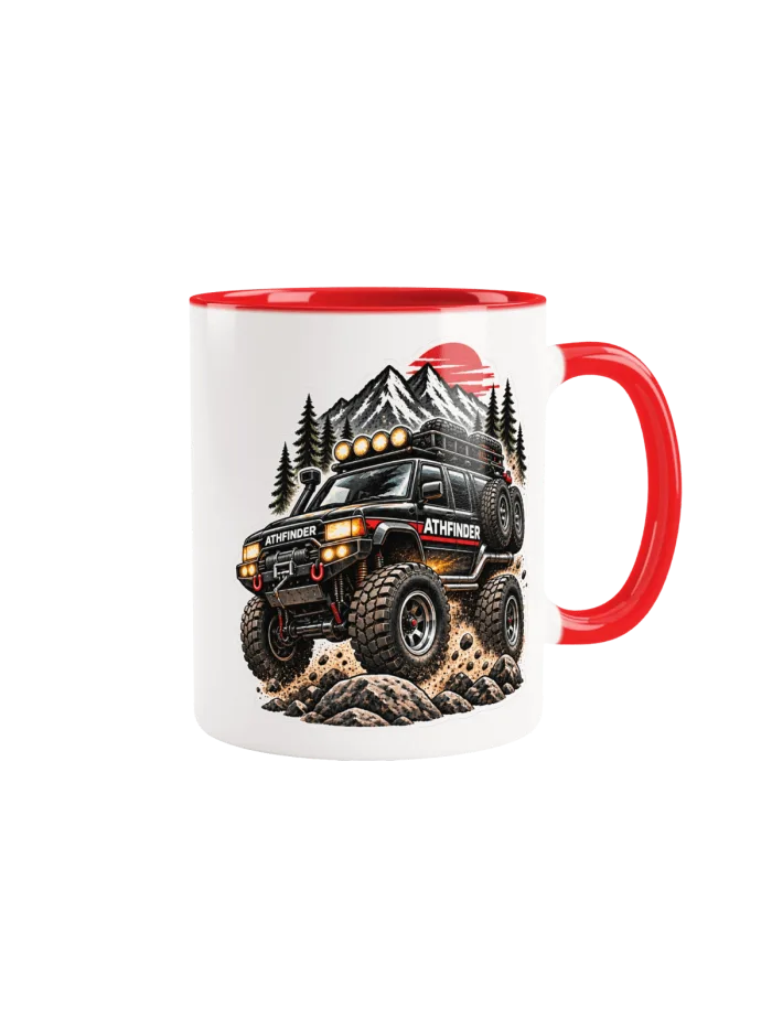 Athfinder Spilled Milk Series mug — white with red handle and the truck graphic