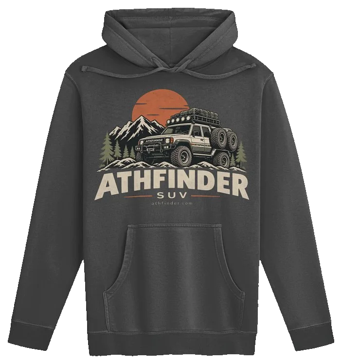 ATHFINDER Pigment Dyed Hoodie in faded black with the large truck-and-sunset crest