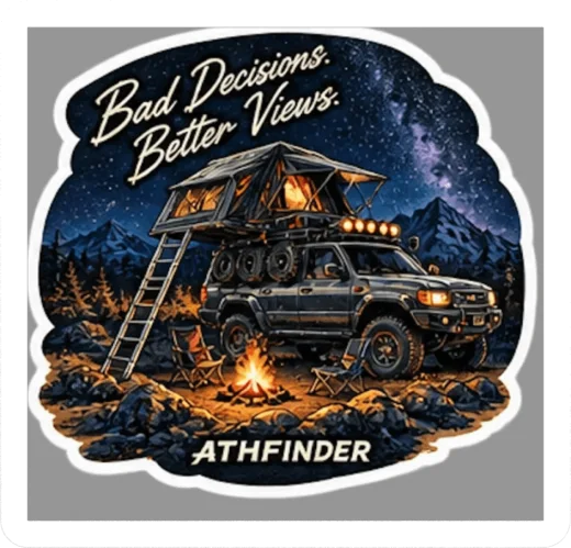 Bad Decisions. Better Views. sticker — rooftop tent and campfire under a starry sky