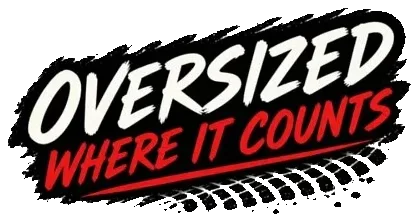 Oversized Where It Counts sticker: red and white lettering over a tire track