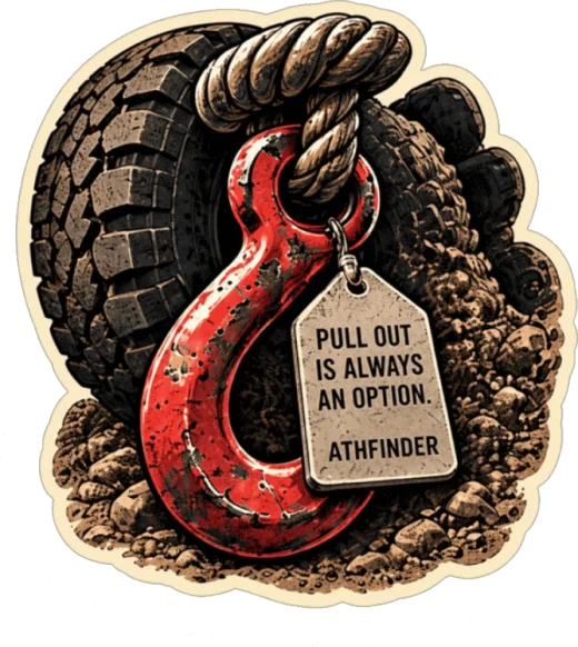 Pull Out Is Always An Option sticker — a red recovery tow hook with a dog tag