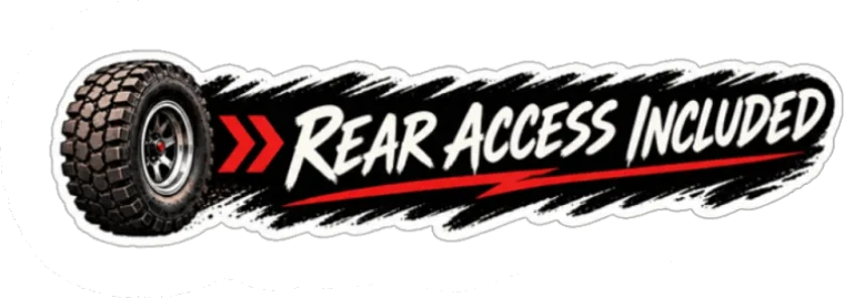 Rear Access Included bumper sticker — speed banner with an all-terrain tire