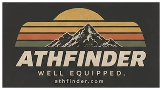 Retro Athfinder sticker: sunset stripes over a mountain, reading ATHFINDER WELL EQUIPPED