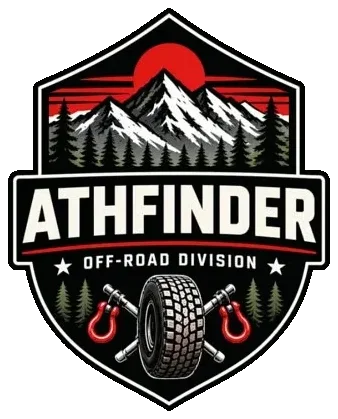 ATHFINDER Off-Road Division shield sticker with mountains and a recovery hook