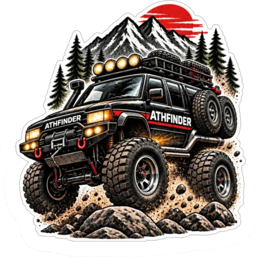 ATHFINDER off-road truck die-cut sticker on rocks beneath a red sun