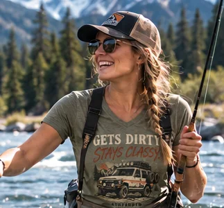 Woman in a Gets Dirty Stays Classy tee fly fishing in a mountain river