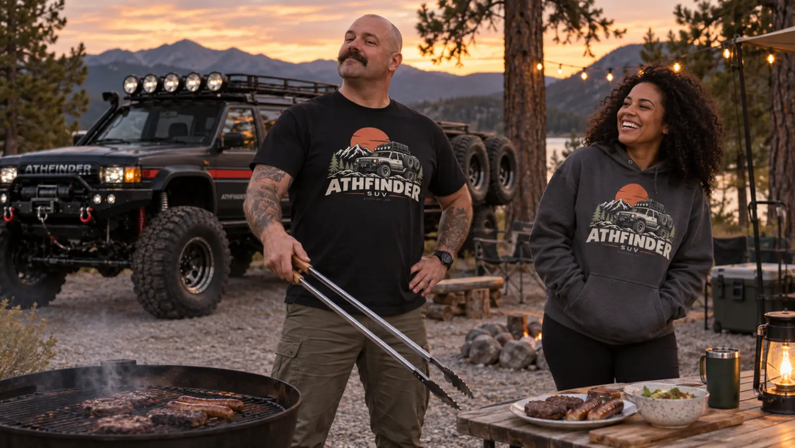 Proud adult man in an ATHFINDER T-shirt holds oversized barbecue tongs while a woman in the hoodie laughs beside their campground SUV