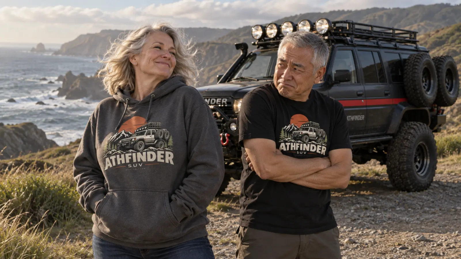 Silver-haired woman wears an oversized ATHFINDER hoodie while her companion in the T-shirt folds his arms against the wind beside their SUV on the coast