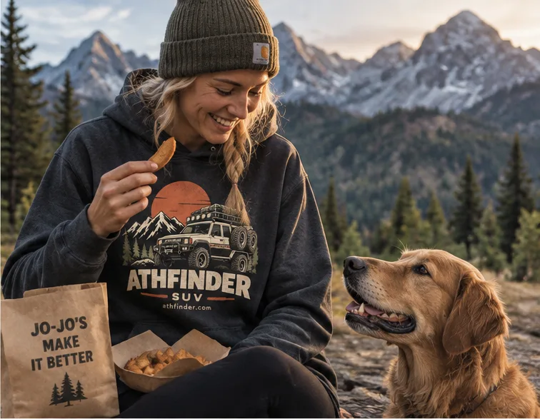 Woman in an ATHFINDER hoodie eating jo-jos beside a golden retriever, mountains behind