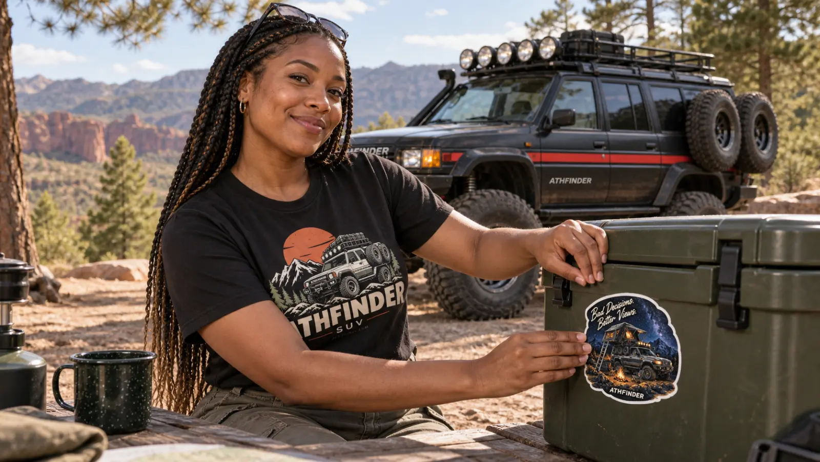Adult woman in an ATHFINDER T-shirt applies a Bad Decisions, Better Views sticker to a camping cooler beside her SUV