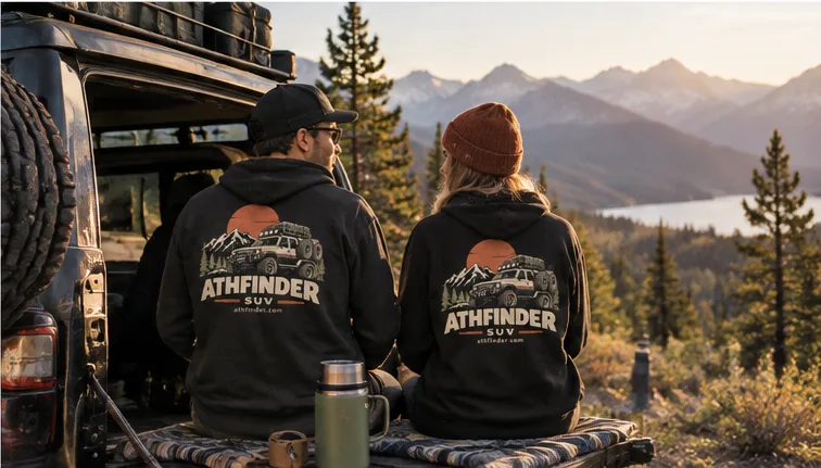 Two people in ATHFINDER hoodies sitting on a tailgate facing the mountains