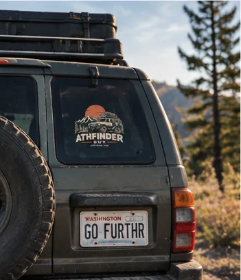 Rear of a dusty SUV with the ATHFINDER sticker and a Washington plate reading GO FURTHR