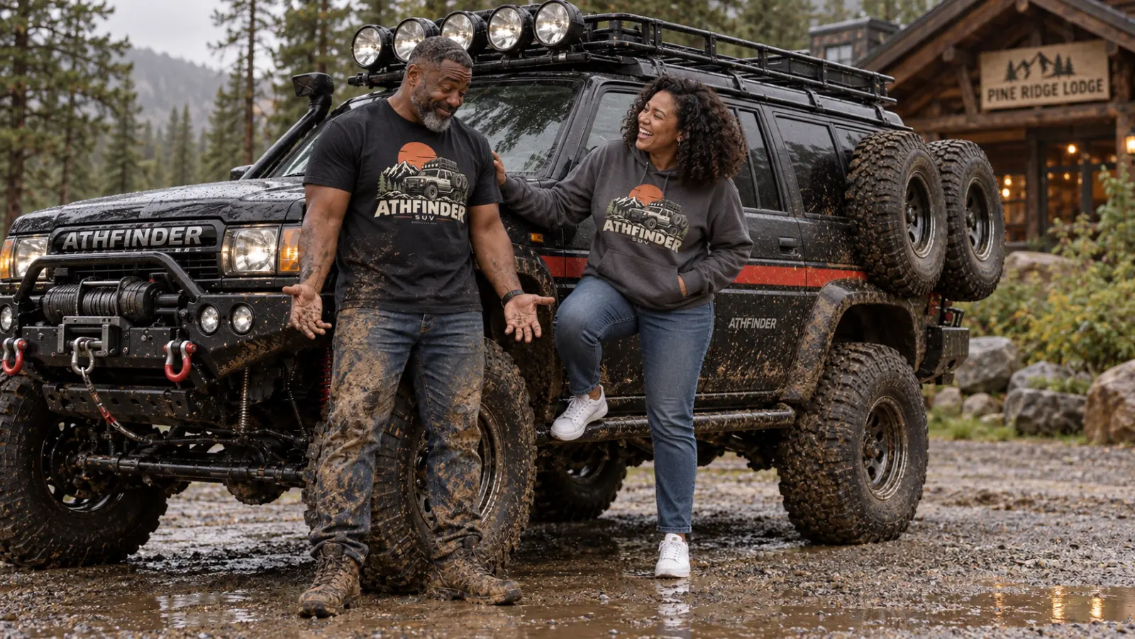 Laughing adult couple in ATHFINDER gear beside their muddy SUV at a forest lodge; her white sneakers are spotless and his boots are covered in mud