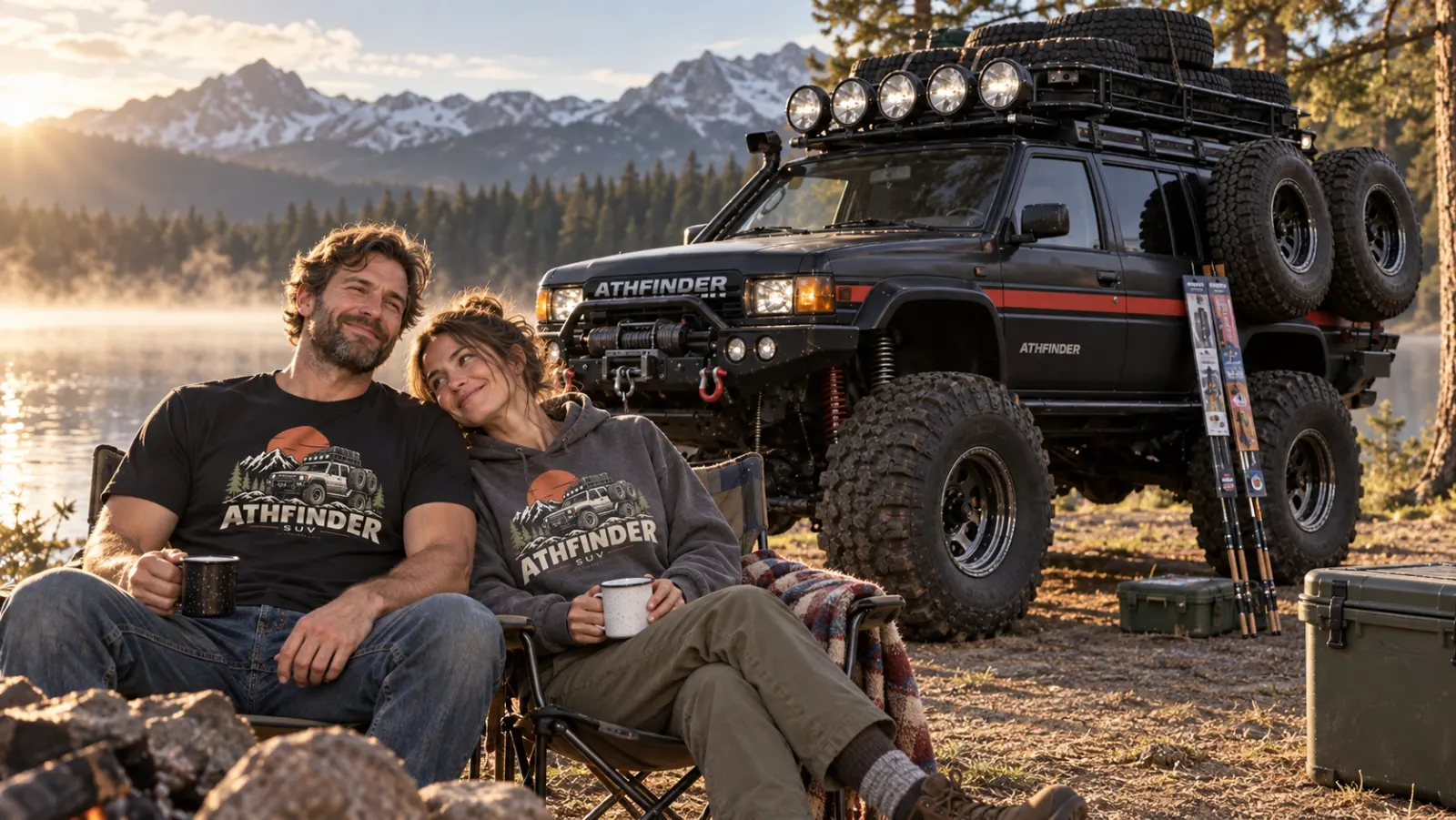 Relaxed adult couple in ATHFINDER T-shirt and hoodie share morning coffee beside the SUV and unused fishing rods