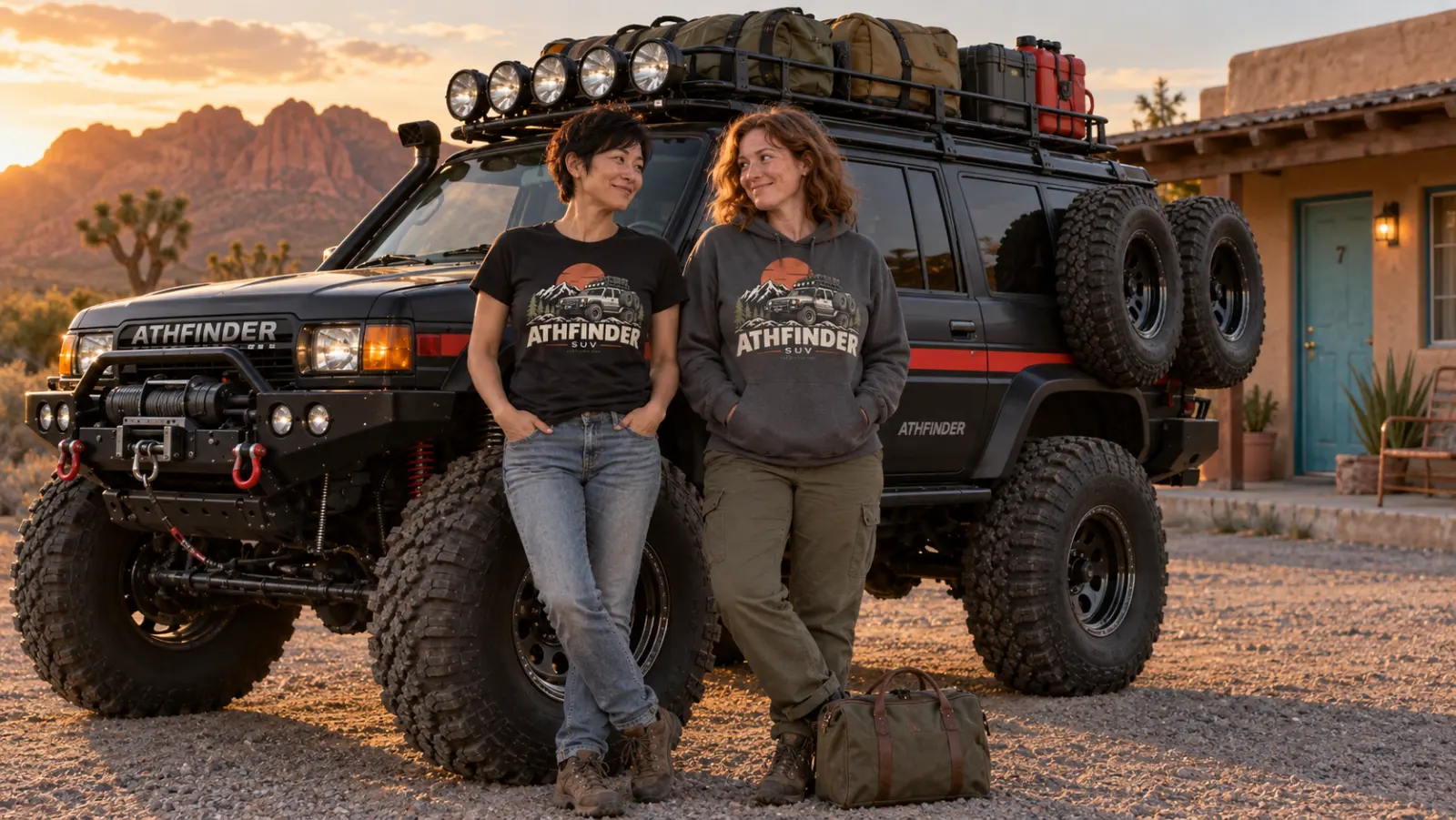 Two adult women in ATHFINDER T-shirt and hoodie with one small overnight bag beside an expedition-loaded SUV at a desert motel